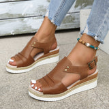 Breakj Fish Mouth Slope Heel Sandals Large-Size Folded Belt Buckle Bottom Hemp Rope Soles Women's Sandals In The Summer Of
