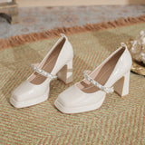 Pearl New Square Head Shallow Mouth Thick With Patent Leather A Word Buckle Mary Single Shoes Jane High Heels Waterproof