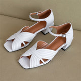 Sandals Shoes Women Genuine Leather Ankle Strap Shoes Med Thick Heel Sandals Square Toe Cow Leather Lady Sandals