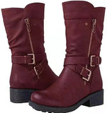 Women's Leather Boots Retro Belt Buckle Mid Calf Boots Round Toe 2021 Water Proof Casual Martin Boots Women Botas De
