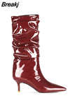 Women Mid-Calf Boots Sexy Solid Color Leather Folds Boots Pointed Toe Thin Heels Stiletto Party Shoes Large Size