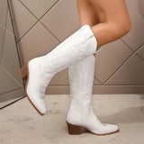 Western Women Boots Brand Chunky Heeled Autumn Retro Embroider White Cowboylid Calf Long Boots Lady Big Size Shoes