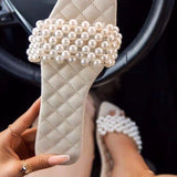 Pink 2021 Pearl Women Sandals Slippers Square Toe Slides Summer Fashion Design Ladies Size 35-43 Zapatillas Mujer Casa