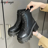 Women's Ankle Boots Zip Lace Up Square Toe Ladies Boots Thick Bottom Non-slip High Heels Female Shoes Winter Footwear