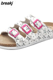 New Summer Women Beach Shoe Casual Cork PU Leather Men Outdoor Fashion Print Slippers