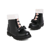 2021 Autumn Winter Lolita Ankle Boots for Women Chunky Heels Pink Black White Cute Bowtie Faux Fur Ladies Warm Shoes Side