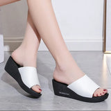 Breakj Summer New Slope And Fish Mouth Thick Bottom Cake Word PU Leather Cool Slippers High-Heeled Slippers