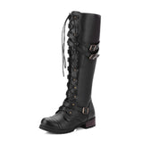 Breakj Boots Round Head Belt Buckle Flat-Bottomed Long Boots Women Autumn And Winter New Rivet Tie With High-Spring Knight
