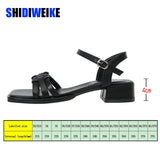 4cm Shoes Women Leather Ankle Strap Sandals Thick Heel Sandals Mid Heels Buckle Ladies Footwear Summer Black White