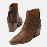 Sale Leather Western Ankle Boots Women Point Toe Square Heels Short Boots Autumn Winter Cowboy Knight Boots Woman