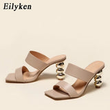 New Design Metal Strange High Heels Summer Women Slipper Elegant Square Toe Slip-On Sliders Shoes Ladies Sandals Size