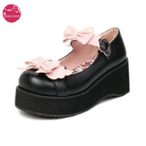 Spring Women Cute Bow Platform Lolita Shoes Strap Cosplay Wedges Thick Sole Pumps JK Uniform Black Brown White Plus Size