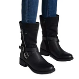 Women's Leather Boots Retro Belt Buckle Mid Calf Boots Round Toe 2021 Water Proof Casual Martin Boots Women Botas De