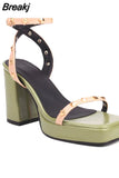 New Fashion 2023 Chunky High Heels Sandals Summer Ankle Buckle Riveted Design Ladies Sandals Comfy Walking Simply