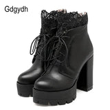 2021 Autumn Women Lacing Platform Boots High Heels Female Black Platform Heels Spring Short Boots Ladies Shoes for