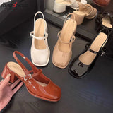 Heels Mary Jane Sandals Women 2023 Summer Red Patent Leather Slingbacks Pumps Woman Square Toe Thick Heeled Shoes