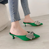 Fashion Crystal Butterfly-knot Green Women Sandals Mule High Heels Slippers Pointed Toe Slip-On Party Shoes Sandaleas De
