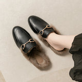 Breakj Half Slippers Woman 2025 Winter Real Rabbit Hair Round Head Lazy Man One Foot Outside Wearing Flat-Soled Muller Shoes Large-Size