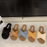 Breakj New Retro Weaving Flat Shoes Pure Color Round Head Wearing Sandals Daily Casual Fashion Commuting Slippers