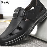Genuine Leather Mens Sandals Breathable Hollow Out Classic Mens Flat Sandals Solid Rubber Leather Male Casual Sandals
