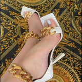 White Square Toe Sandals Women Unique Thin High Heels Back Zip Open Toes Metal Chains Decor Runway Sandalias Big Plus Szie