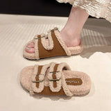 Slippers Female 2024 Autumn / Winter New Korean Version Of Fashion Color Stitching Soft Wool And Velvet Belt Buckle