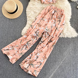 Summer Women Holiday Style Chiffon Printing Two Piece Set Short Shirt High Waist Wide Leg Pants Ladies Idyllic Style