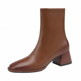 Autumn and Winter New Fashion Square Head Retro High Thick Heel Side Zipper Skinny Short Boots Women's All-match Nude