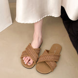 Breakj New Retro Weaving Flat Shoes Pure Color Round Head Wearing Sandals Daily Casual Fashion Commuting Slippers
