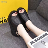 New Women's Fish Mouth Sandals Wearing Slope Heel Leather Clasp for Simple and Comfortable Thick Sole Shoes for