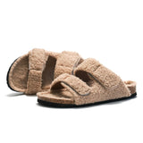 New Winter Plush Inside Women Slipper Casual Fashion Home Buckle Artificial Fur Slip on Soft Slides
