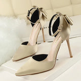 Breakj Korean Version Of Delicate High Heels Satin Hollow Shallow Mouth Tip With Hollow Bow Female