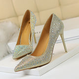 Breakj Korean Version Of Fashion Banquet Women's Shoes Thin Heel Shallow Mouth Pointed Head Sexy Show Thin Water Diamond Color Diamond High Heel Single