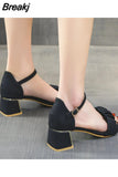 Buckle Ladies Sandals Pleated Square Heel Round Toe Fashion Shoes 2023 New Large Size Ladies High Heel