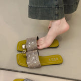 Breakj New Toe-Word Drag Water Drill Temperament Fashion Flat Shoes Silver Square Head Niche Design