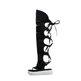 Women Roman Hollow Pinch High Tube Sandals Straps Wedge Heel Casual Large Size Female Denim Jeans Over The Knee Tong Toe