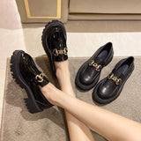 Breakj Thick Heel Metal Buckle Small Leather Shoes Female Pure Color Loafers Female British Retro Wind Round Head Single Shoes