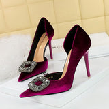 Breakj Banquet High Heels With Thick Suede Tip Side Hollow Out Metal Diamond Buckle Super High