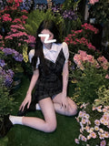 Plaid Mini Dress Woman French Vintage Short Party Dress Puff Sleeve 2023 Summer Slim Casual One Piece Dress Korean