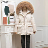 New Winter Women Thick Warm Large Real Fur Hooded Down Jacket 90% White Duck Down Coat Waist Retractable Parker