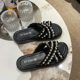 Breakj Bottom Slippers Women 2025 Summer Korean Version Of The New Small Fragrant Wind Cross Pearl Fashion Wearing Loose Cake Cool