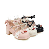 Japanese Lolita Mary Janes Shoes Princess Pink Ankle Strap Bowtie Strawberry Ruffles Wedding Cosplay Uniform Pumps Plus Size