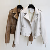 Spring Autumn Women Faux Leather Jacket Slim Streetwear Khaki Leather Coat Biker Moto Jacket with Belt Female