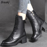 2023 Cow Leather Quality Women Shoes Autumn Winter Square Med Heel Ankle Boots Lace Up Zipper Ladies Pumps Size