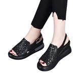 Summer Wedge Shoes for Women Sandals Open Toe Platform Hollow Flowers Retro Lady High Heel Buckle Strap Casual Female