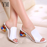 2020 New Colorful Rhinestone Crystals Heels Peep Toe Summer Women's Shoes Woman Sandals Slippers Large sizes