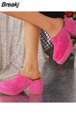 Fashion Brand Women Slippers 2023 Chunky High Heels Suede Platform Sandals European Style Office Daily Lady Sandals