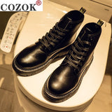 New Black Boots Men's Korean Version Student All-match Mid-Top Boots Men's Waterproof Hight-Top Leather Shoes