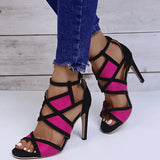 Design Women Fashion Peep Toe Patchwork Colors Thin Heel Sandals Pink Blue Strap Cross High Heel Sandals Dress