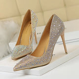 Breakj Korean Version Of Fashion Banquet Women's Shoes Thin Heel Shallow Mouth Pointed Head Sexy Show Thin Water Diamond Color Diamond High Heel Single